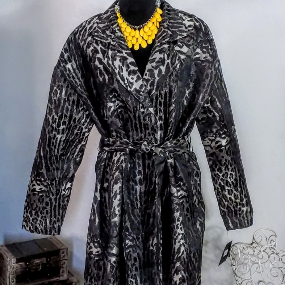 Andrew Marc Black & Charcoal Animal Print Trench